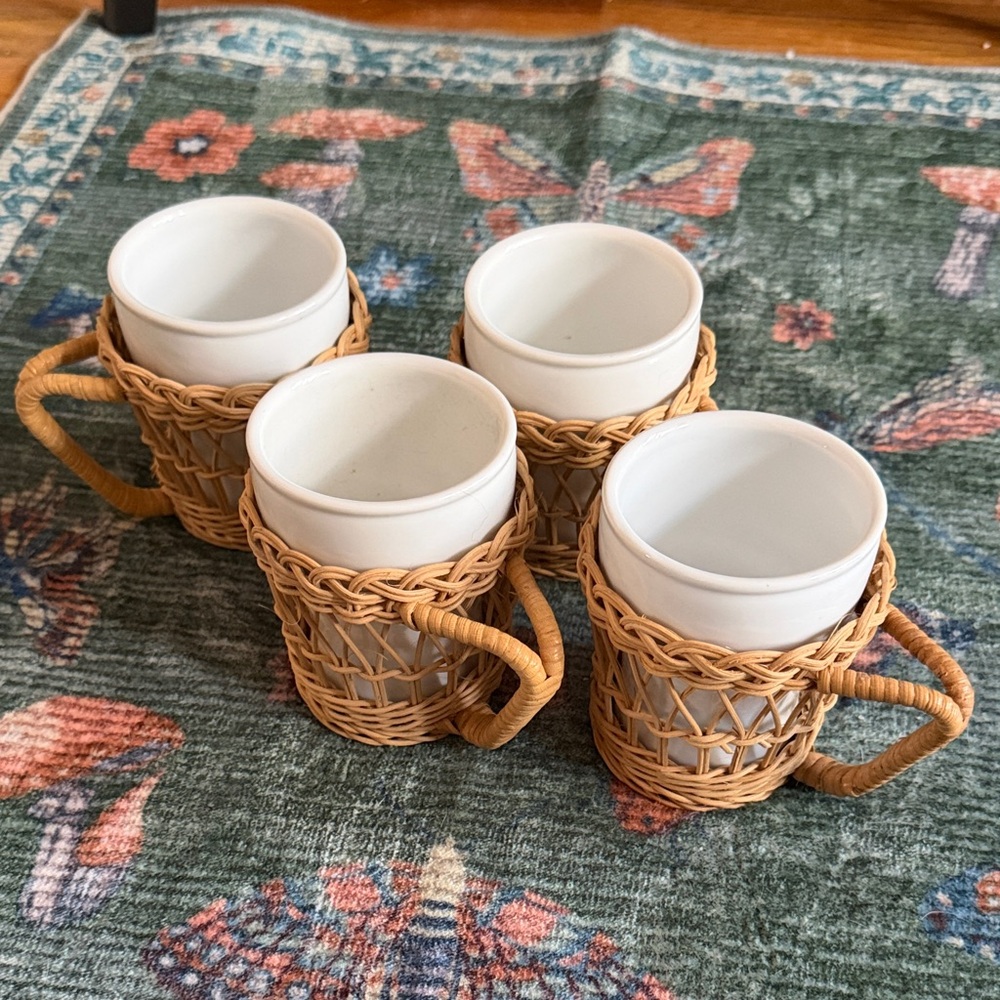 Vintage Wicker Wrapped White boho rattan Mugs